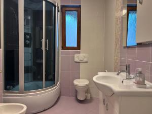 e bagno con doccia, servizi igienici e lavandino. di Apartments Marija a Novigrad Istria