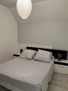 um quarto com uma cama grande e 2 almofadas em Gîte Laurymoor - Normandie em Acquigny