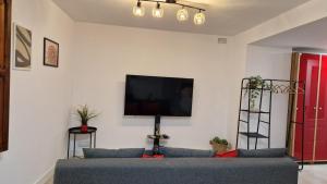 ein Wohnzimmer mit Sofa und Flachbildfernseher in der Unterkunft Underground SINTRA experiencia in Almansa
