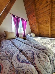 ペリト・モレノにあるCabañas alpinas alumineのベッドルーム1室(ベッド2台付)、紫色のカーテン付きの窓が備わります。