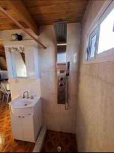 a small bathroom with a sink and a mirror at Cabañas alpinas alumine in Perito Moreno