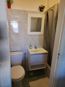 y baño con aseo y lavamanos. en Apartamento con Terraza y Parrillero, en Piriápolis