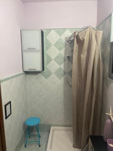 a bathroom with a shower with a blue stool at Accogliente Appartamento Spazioso in Grosseto