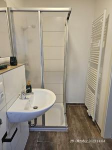 een witte badkamer met een wastafel en een douche bij Apartment am Stadion in Osnabrück