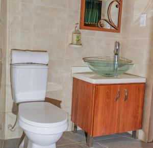 a bathroom with a toilet and a glass sink at Santa Ana Campestre in Tinjacá +29 photos