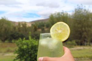 a person holding a glass with a lemon slice on it at Santa Ana Campestre in Tinjacá