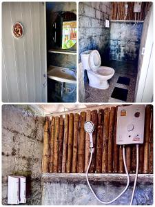 un collage de tres fotos de un baño con aseo en PJ Kingdom แคมป์, 