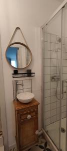 uma casa de banho com um lavatório e um espelho em Appartement studio em Condom