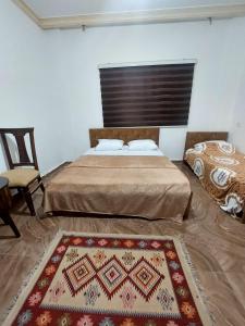 ein Schlafzimmer mit einem Bett und einem Teppich auf dem Boden in der Unterkunft Jerash ruins hotel in Gerasa