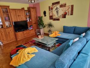 sala de estar con sofá azul y mesa en Ferienwohnung Mohnblume 