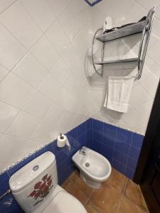 uma casa de banho azul e branca com um WC e um bidé em APARTAMENTO LA MAGDALENA em Córdoba