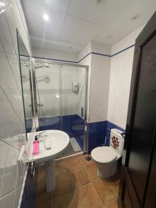 uma casa de banho com um chuveiro, um lavatório e um WC. em APARTAMENTO LA MAGDALENA em Córdoba