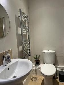 Baño blanco con aseo y lavamanos en Luxury Seaside accommodation, Swn Y Mor, en Aberystwyth