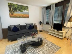 een woonkamer met een zwarte bank en een tv bij City West Studios in Stuttgart
