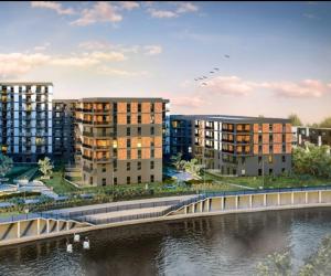 een artistieke impressie van de voorgestelde appartementencomplexen aan de rivier bij MICHALCZYKA APARTAMENT in Wrocław