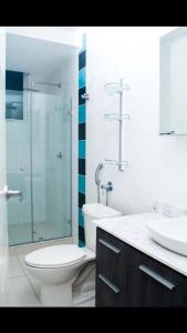 La salle de bains est pourvue de toilettes, d'une douche et d'un lavabo. dans l'établissement 1a, à Panama City