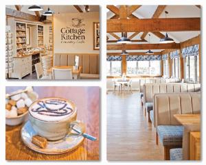 a collage of pictures of a cafe with a cup of coffee at 2 Bed Chic Peak District Cottage Barn Near Alton Towers, Polar Bears, Chatsworth House in Leek
