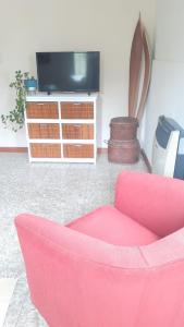 a living room with a pink couch and a tv at Loma del Alto in Alta Gracia
