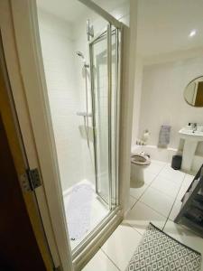 a bathroom with a shower and a toilet at Liverpool City Centre Modern Apartment fits 6 people in Liverpool