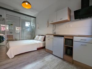 Il comprend une petite chambre avec un lit et une cuisine. dans l'établissement Cozy Maksimir Condo w Washer-Dryer & 65'' TV, à Zagreb