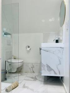 Superbe appartement avec jardin et parking privé في Ris-Orangis: حمام ابيض مع مرحاض ومغسلة