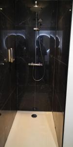 La salle de bains est pourvue d'un mur en carrelage noir et d'une douche. dans l'établissement La promesse - T3 Hyper centre, à Abbeville