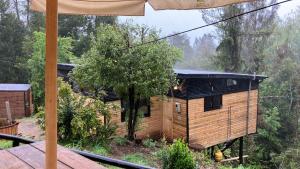 een buitenzicht op een houten hut in het bos bij Cay Cay lodge in Valdivia