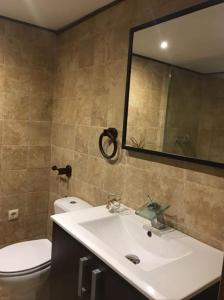 a bathroom with a sink and a toilet and a mirror at La Casina de Barreo Avilés 