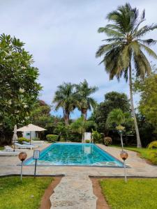 una piscina con palmeras en el fondo en WHITE Nyumba en Malindi