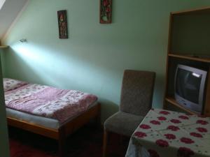 a bedroom with a bed and a chair and a tv at Gościniec Czapla in Dywity