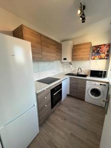 a kitchen with a white refrigerator and a dishwasher at F3 au bord de la Marne, à deux pas de Paris +Box ! in Maisons-Alfort