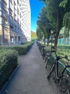 Une rangée de vélos garés à côté d'un bâtiment dans l'établissement F3 au bord de la Marne, à deux pas de Paris +Box !, à Maisons-Alfort