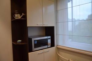 a microwave sitting in a cabinet next to a window at Apartment in Vilnius in Vilnius