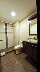 een badkamer met een toilet, een wastafel en een spiegel bij La Carolina 202 Bello Departamento in Quito