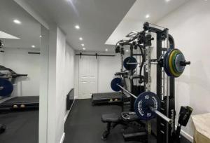 uma sala de fitness com um ginásio com pesos em 4 bed, 2 bath, Sky TV, Gym, Parking and Garden em Hitchin