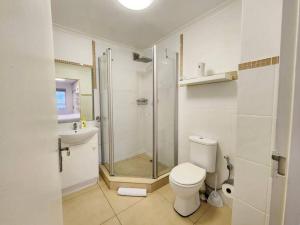 La salle de bains blanche est pourvue d'une douche et de toilettes. dans l'établissement Salt River Apartments with Views, au Cap