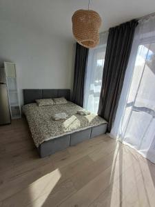 a bedroom with a bed and a large window at Wielicka Apartment 3 in Krakow
