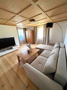 a living room with a couch and a tv at Helle gemütliche Ferienwohnung in Schwarzwaldhof in Ibach
