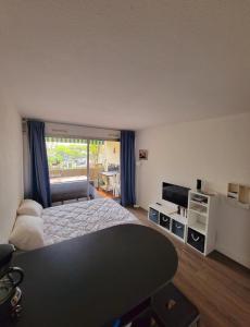a bedroom with a bed and a table and a television at Studio 237 Port Camargue, Piscine, Climatisation, 2 personnes in Le Grau-du-Roi