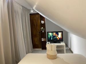 a white room with a bed and a television at Chalet Husky in Şotrile