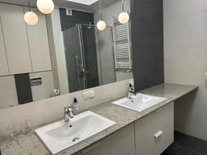 een badkamer met twee wastafels en een grote spiegel bij Apartament Szarlotka in Łódź +14 foto's