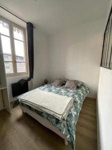 ein Schlafzimmer mit einem Bett in einem Zimmer mit zwei Fenstern in der Unterkunft Studio Design - Terrasse - Proche du stade in Saint-Étienne