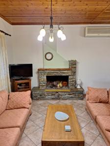 a living room with a couch and a fireplace at Villa Elea in Tseréni