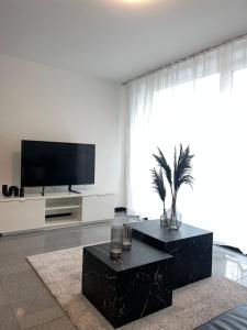 a living room with a tv and a black coffee table at Apartment by Harbali in Schüttorf
