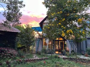 a house with a tree with yellow flowers in the yard at Chalets Resort Masinagudi in Ooty