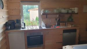 uma cozinha com um lavatório e uma janela num camarote em BL Beskydy Lodge em Prostrední Becva