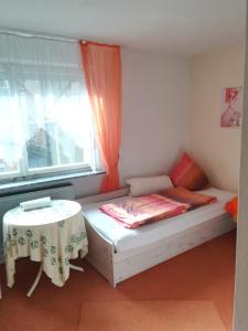 um pequeno quarto com uma cama e uma mesa em Gaestehaus jagsttalblick em Langenburg