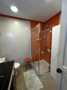 een badkamer met een douche en een toilet bij Beach Morro Jable Fuerteventura in Morro del Jable
