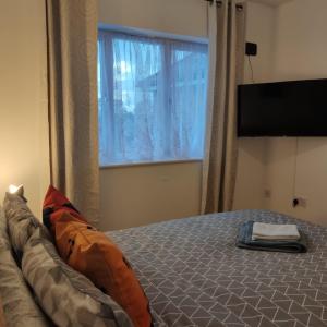 a bedroom with a bed with a large window at Ratcliffe Apartment in Colchester