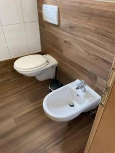 a bathroom with a toilet and a sink at Altstadt-Traum mit Fahrradstellplatz in Wasserburg am Inn